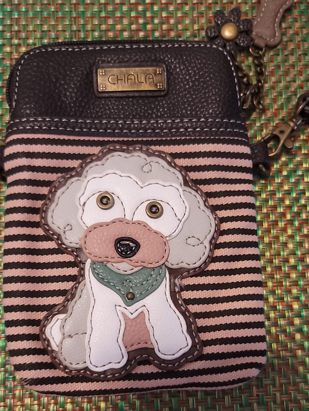Chala Tan and Black Striped Dog Crossbody Pouch with Poodle Applique